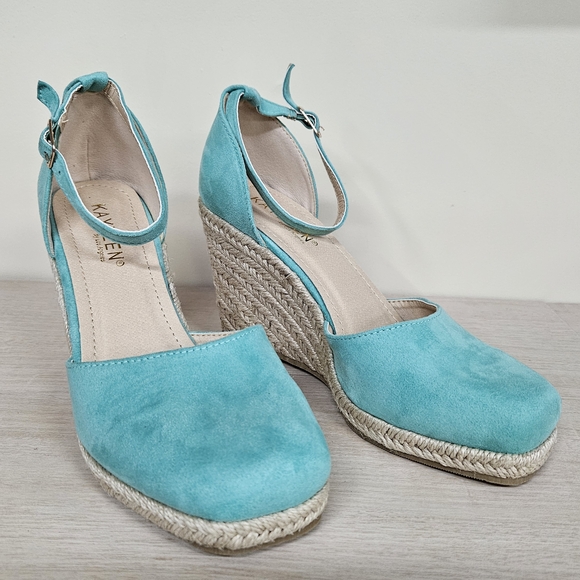 Turquoise Suede Ankle-Strap Espadrille Wedges - Picture 2 of 6